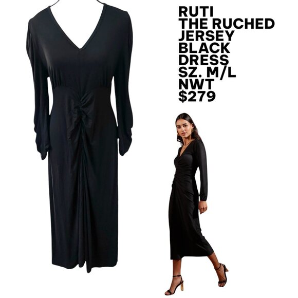 NEW WITH TAGS RUTI BLACK JERSEY RUCHED DRESS SZ. M/L NWT $279 - Picture 1 of 3